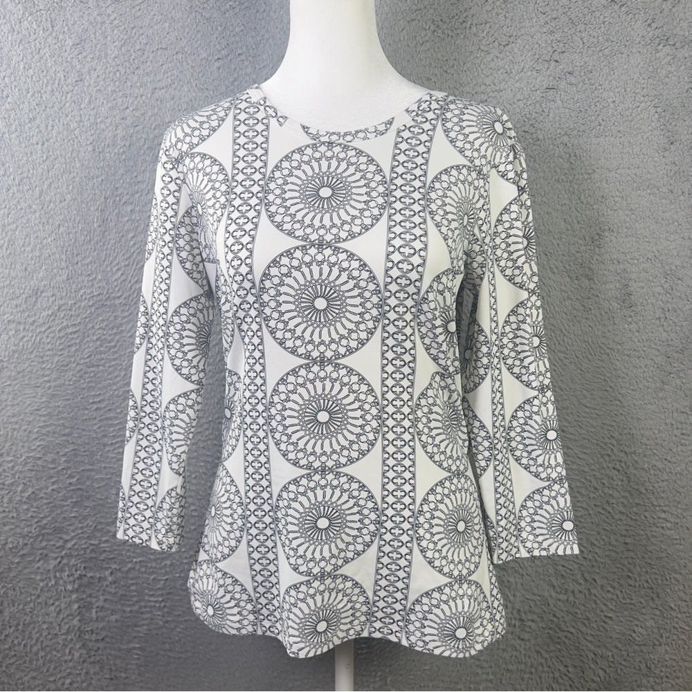 J McLaughlin Top Womens Small White Geometric Catalina Cloth 3/4 Sleeve Preppy